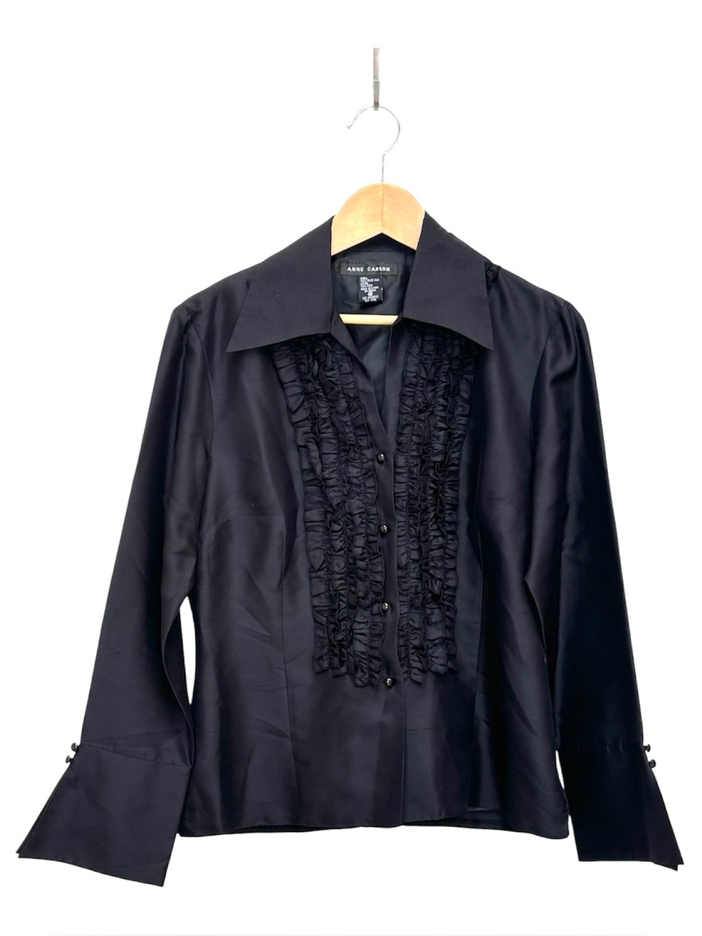 Ann Carson Vintage Silk Ruffle Tuxedo Blouse Size M Whimsigoth Victorian Black